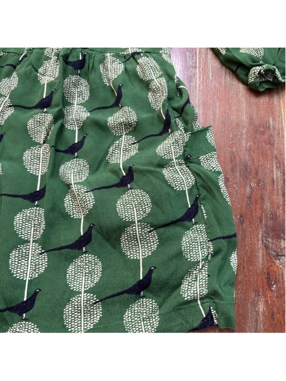 Maeve Anthropologie Green Pheasant Bird Print Dress Pockets Navy Gold S HTF - Picture 6 of 15